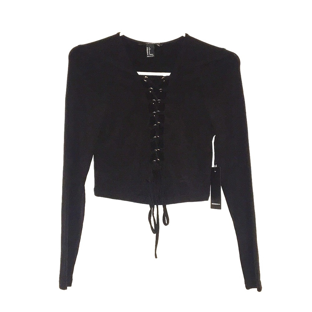 Black Lace Up Long Sleeve Crop Top